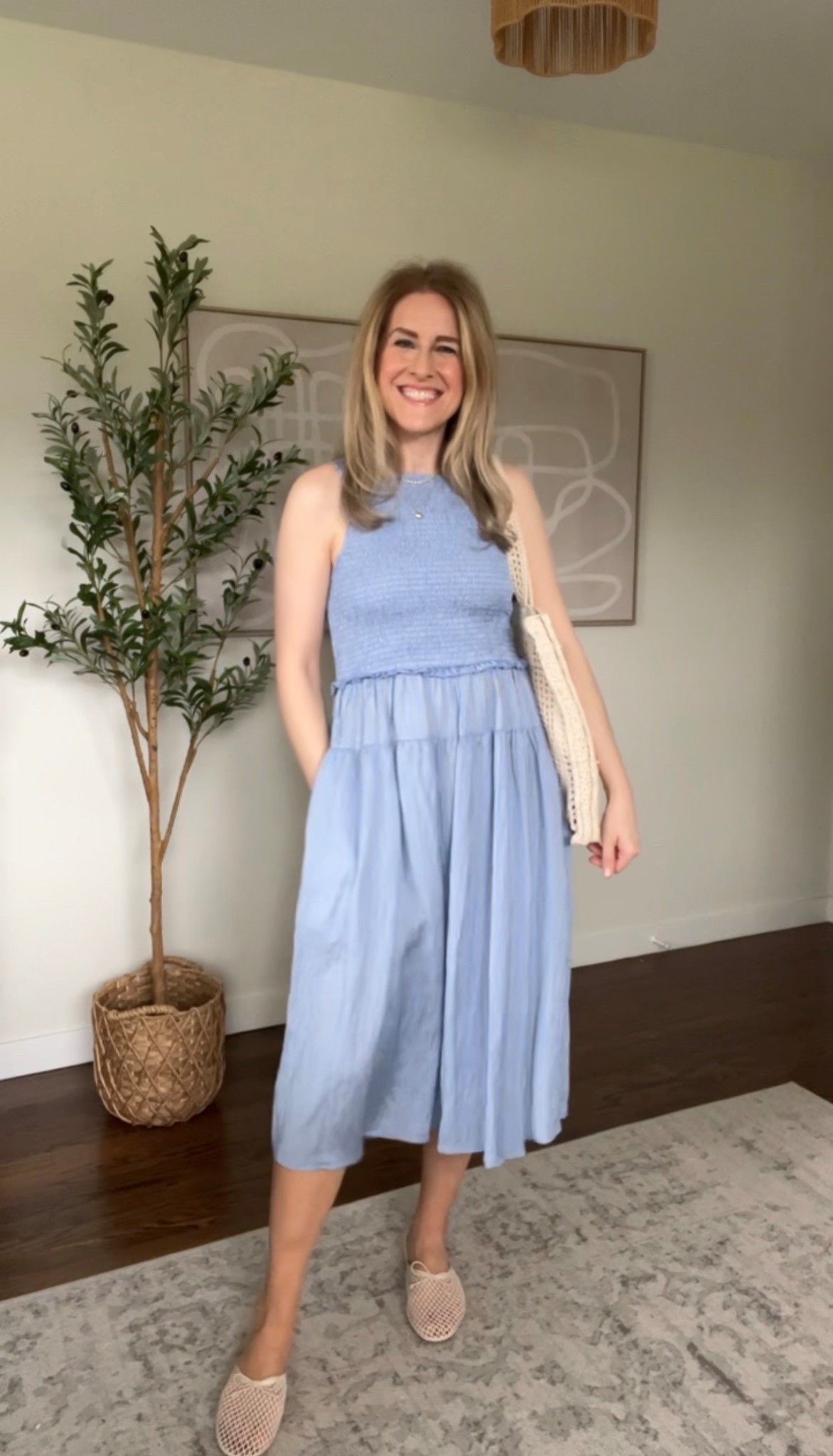 Walmart sleeveless smocked midi dress, easy care fabric, stretchy and love the color. I went up one size to a medium. #walmartfashion 