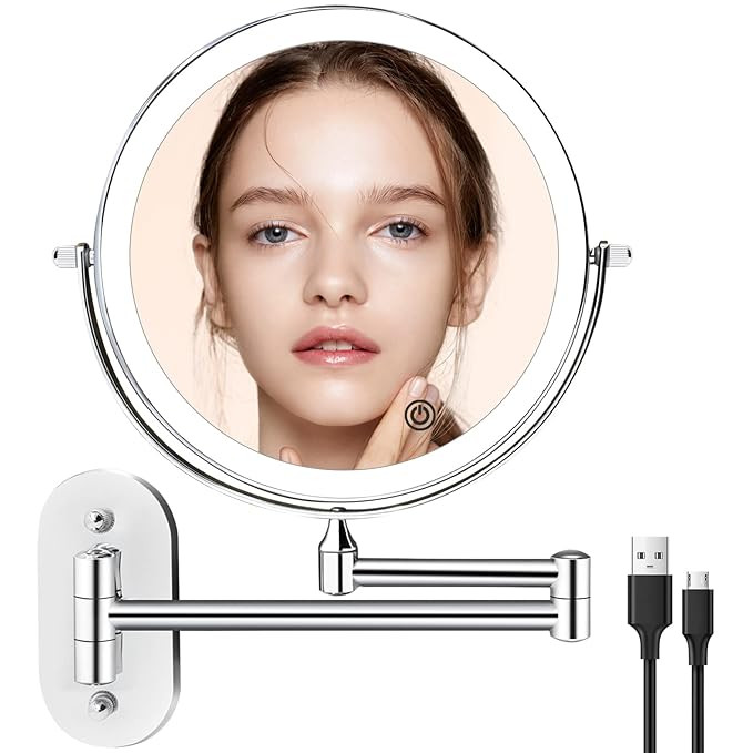 Rechargeable Wall Mounted Lighted Makeup Mirror with 3 Lights, 8'' Double Sided 1X 5X Magnifying ... | Amazon (US)