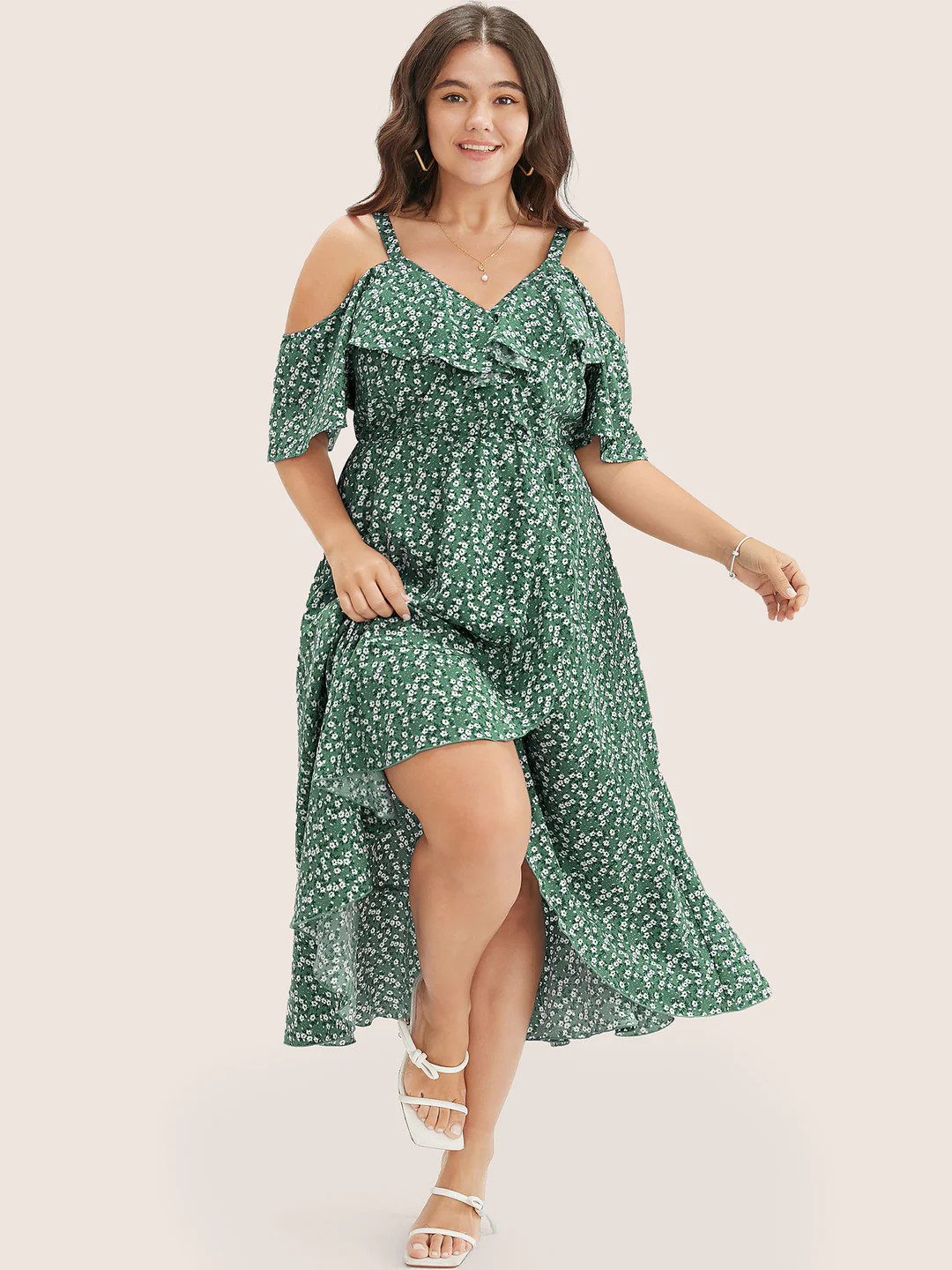 Ditsy Floral Pocket Wrap Cold Shoulder Ruffle Dress | Bloomchic