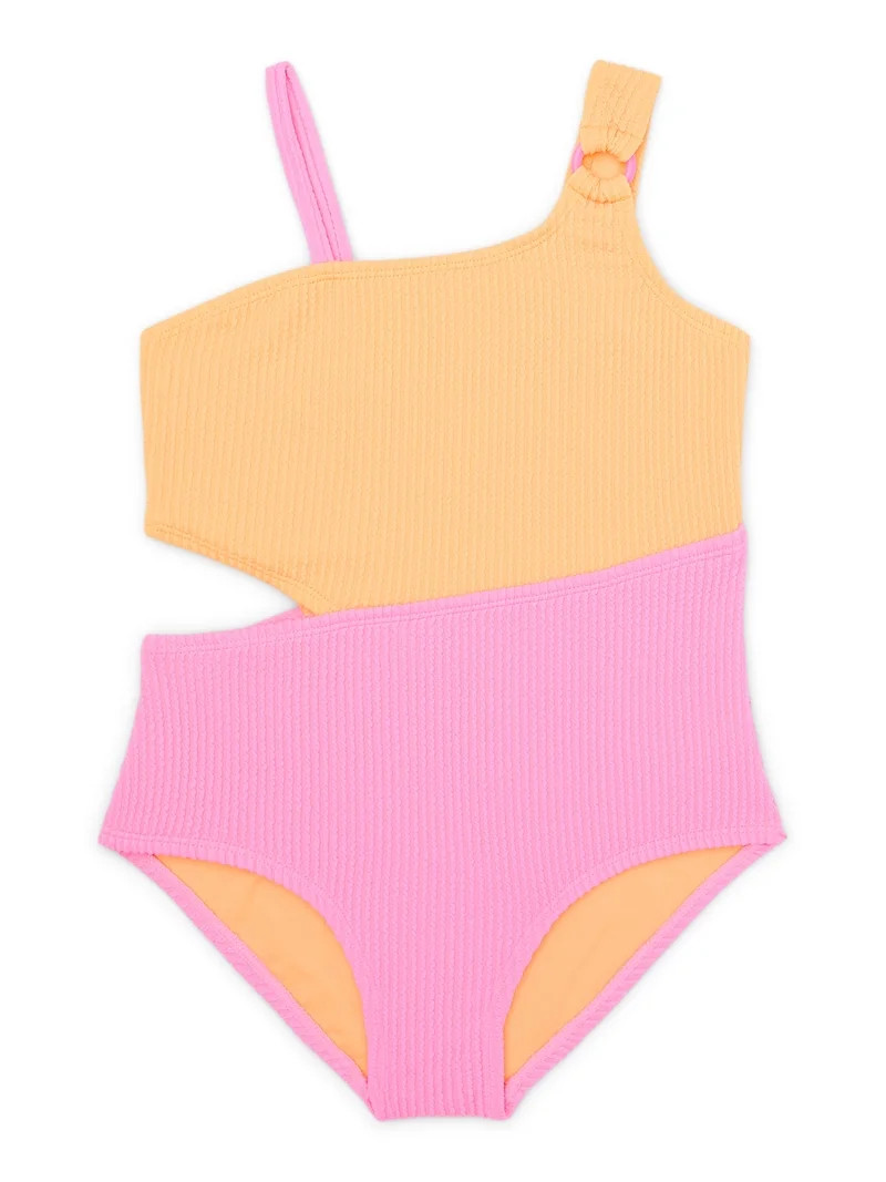 Wonder Nation Girls Textured One Shoulder Cut Out Swimsuit with UPF50+, Sizes 4-16 | Walmart (US)