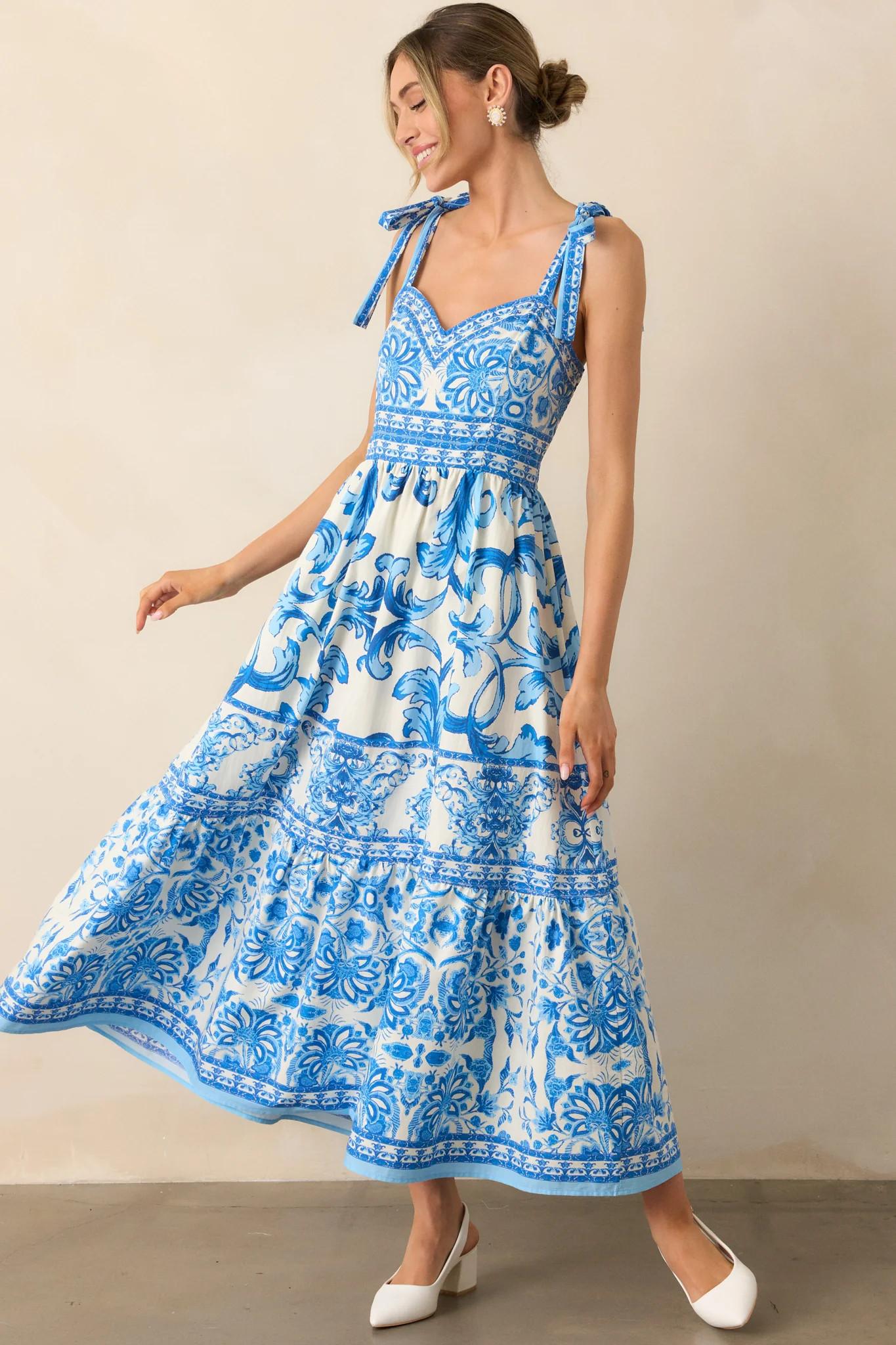 Sunny Disposition Blue Cotton Sicilian Tile Midi Dress | Red Dress