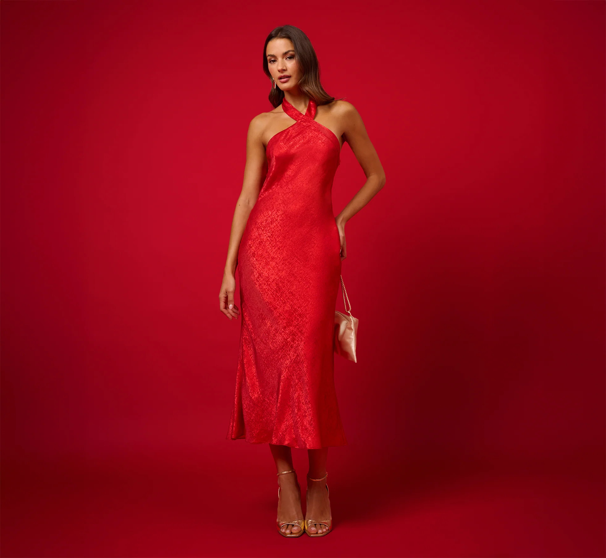 Foil Woven Halter Midi Dress In Red | Adrianna Papell