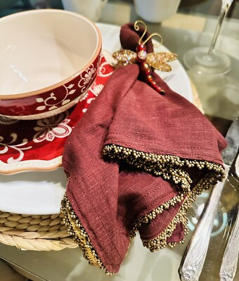 PIER 1 IMPORTS  Burgundy Napkins With Gold Wooden Beaded Trim  ~ Set Of 4  | eBay | eBay US