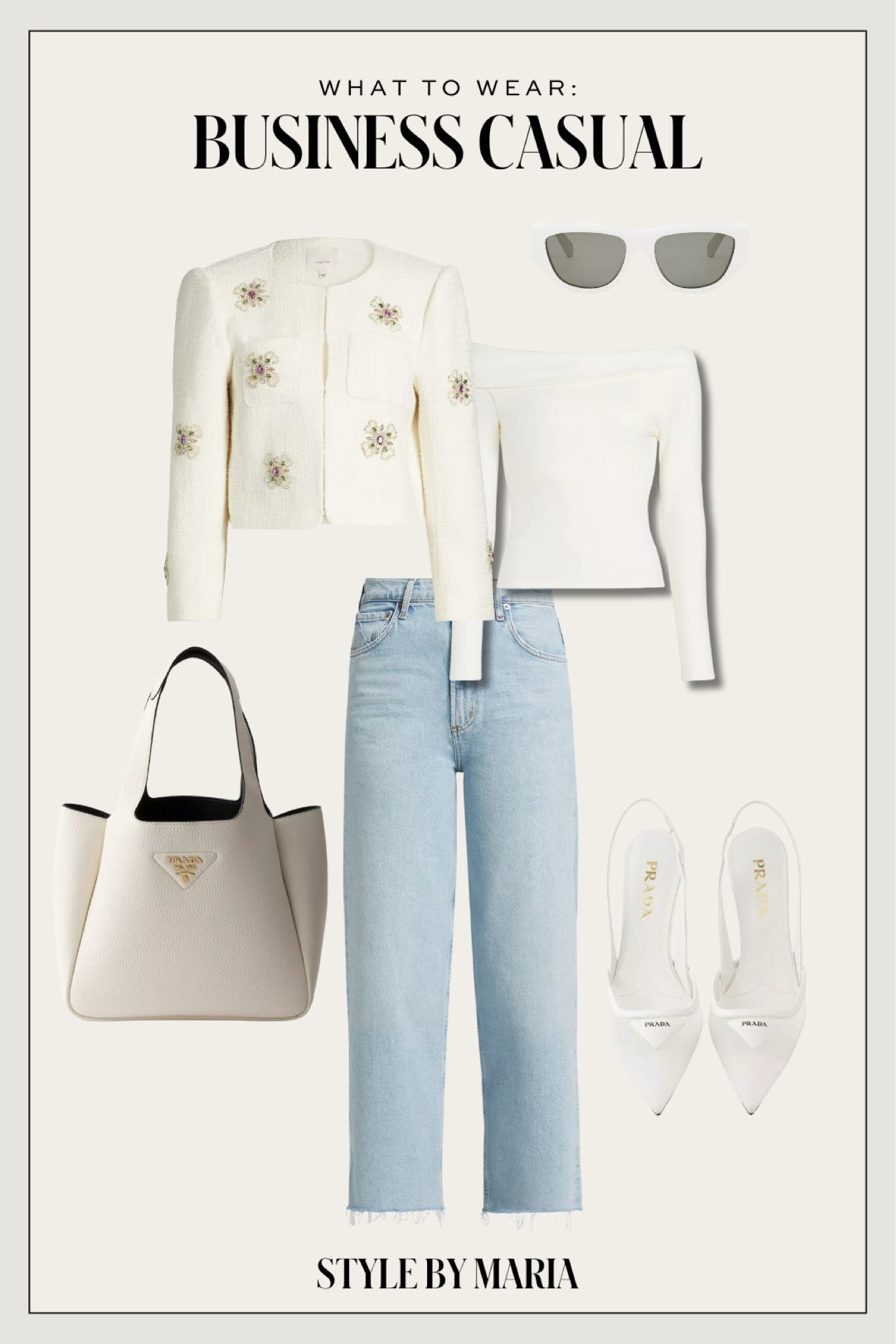 Business casual outfit
Cropped jacket
Reformation off shoulder top
Agolde jeans
Prada tote
Prada pumps
Celine sunglasses on sale 
@saks #SaksPartner #Saks

#LTKSaleAlert #LTKWorkwear #LTKStyleTip