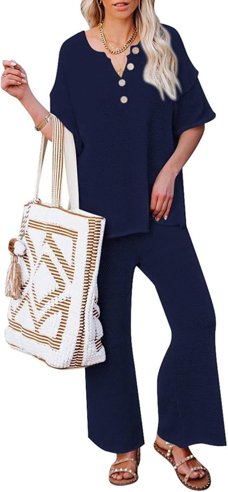 Pink Queen Women’s 2 Piece Set Short Sleeve Button Knit Pullover Sweater Top Wide Leg Pant Sweatsuit | Amazon (US)