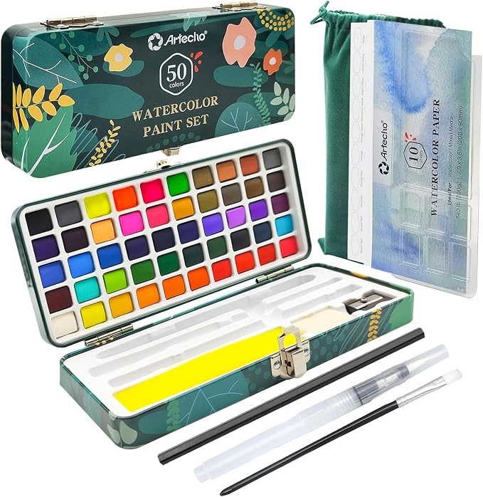 Artecho Watercolor Paint Set, 50 Colors, Portable Travel Case | 46 Classic & 4 Fluorescent Colors... | Amazon (US)