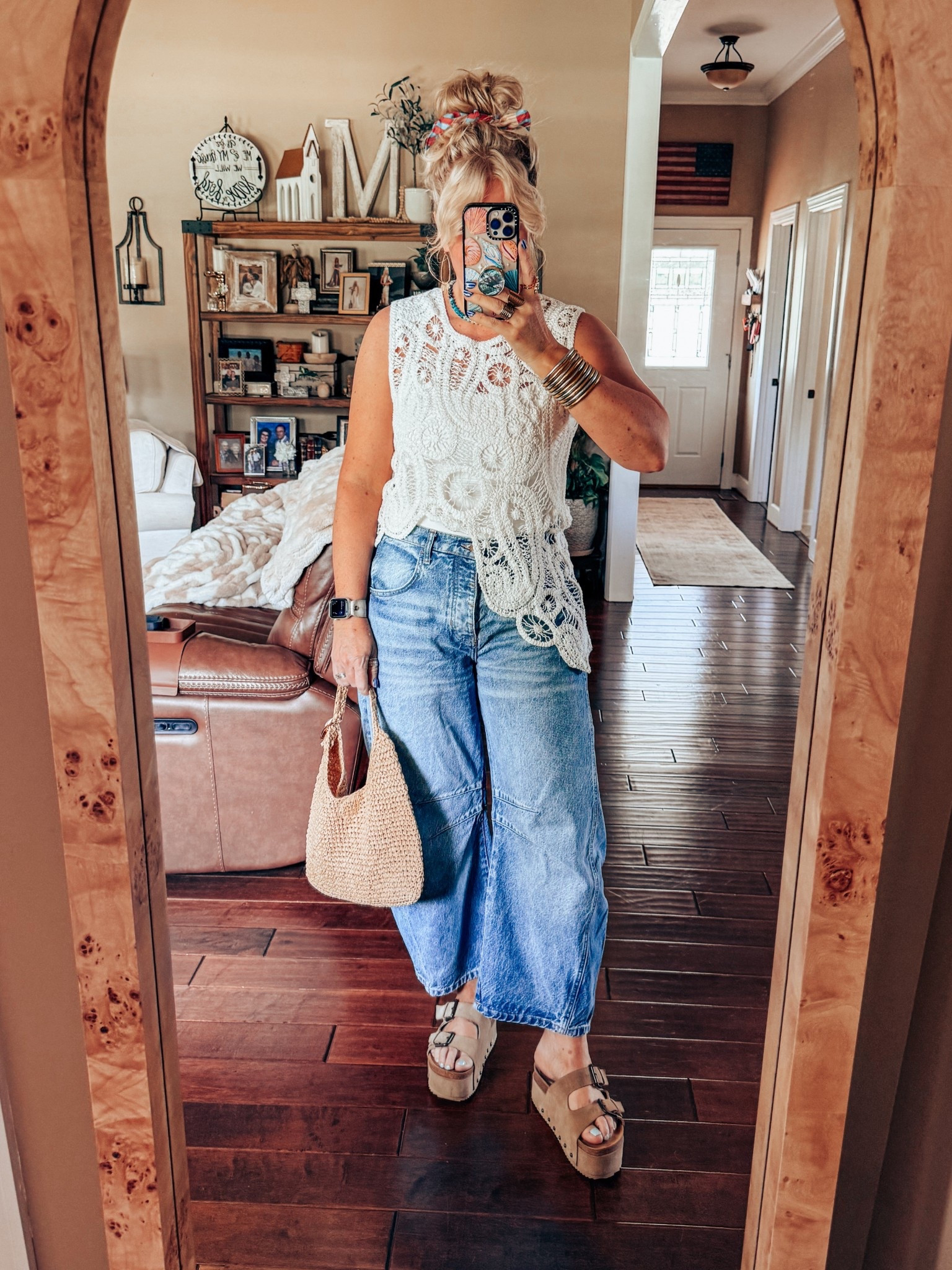 My Sunday fit ♥️ Thjs crochet top is so cute and I love the asymmetrical style. 
I’m wearing a size medium in top and I sized down in the jeans. These sandals run true to size  

#LTKOver40 #LTKStyleTip #LTKFindsUnder50