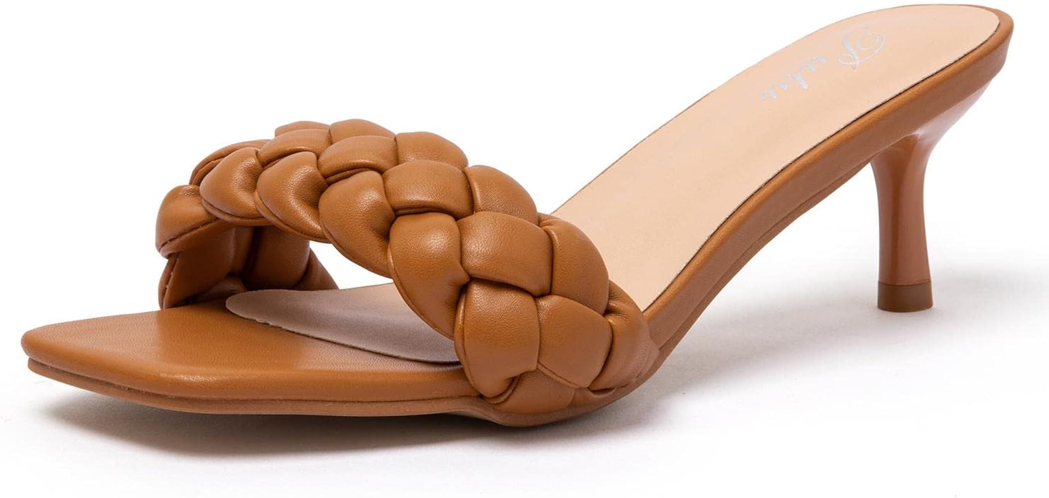 Putu Women Braided Heeled Sandals Square Toe Low Kitten Heels Mules Strappy Slip on Sandals | Amazon (US)