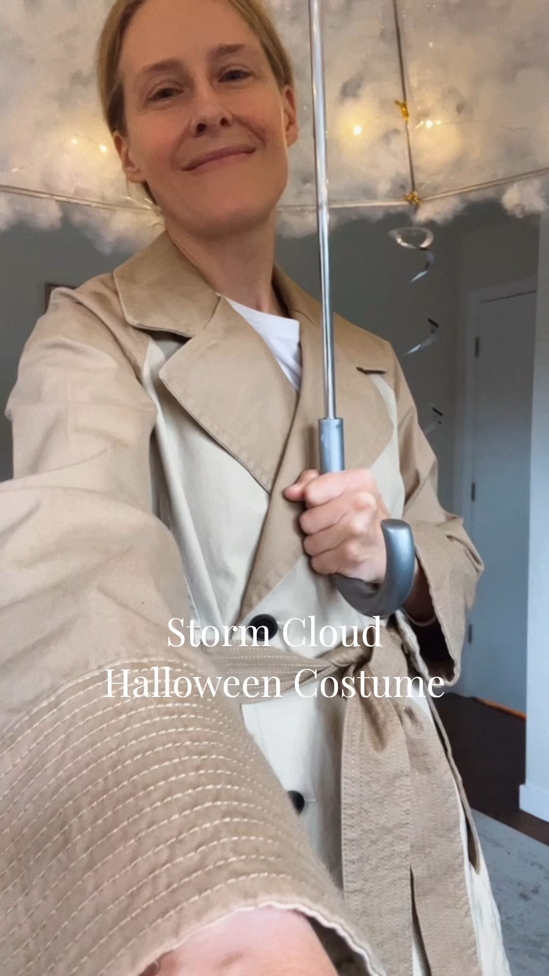 DIY Storm Cloud Halloween Costume

1. Hot-glue fiberfill to the outside of a clear umbrella to create a fluffy cloud.
2. Use short pieces of pipe cleaners to secure the lights to the inside of the umbrella.
3. Attach the hanging “raindrops” with pipe cleaners so they dangle beneath the cloud.

#diy Halloween costume easy affordable budgetbabe