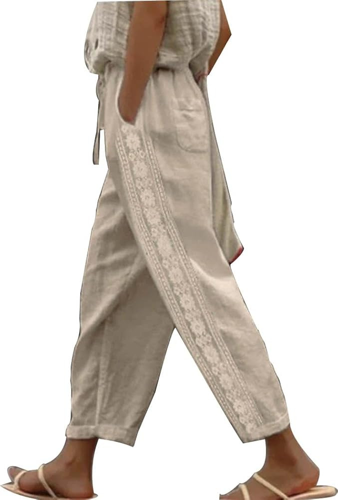Womens Linen Pants with Pockets High Waist Comfy White Casual Pants Lightweight Loose Trousers | Amazon (US)