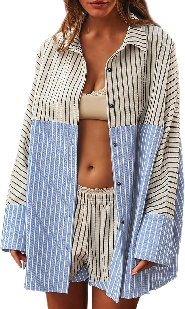 Womens Oversized Button Down Shirt Casual Striped Long Sleeve Dress Shirts Loose Collared Blouses Boyfriend Tops | Amazon (US)
