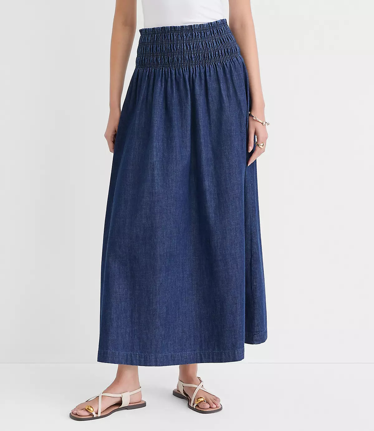 Chambray Smocked Midi Skirt | LOFT