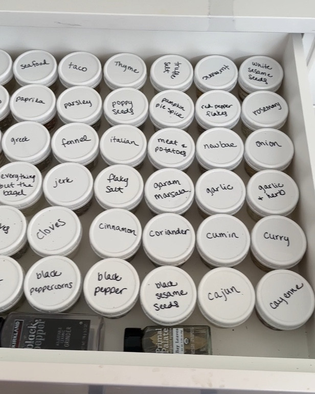 The mason jars and lids I used to organize my spices. Perfect size to fit glass spice jars, and a big enough opening for measuring spoons!

So affordable and practical  