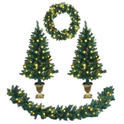 Costway 4pcs Pre-lit Christmas Decoration Set w/ Garland Wreath & Entrance Trees | Target