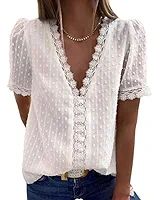 FARYSAYS Womens Long Sleeve White Lace Tops Chiffon Sheer Blouses V Neck Swiss Dot Tunic Elegant ... | Amazon (US)