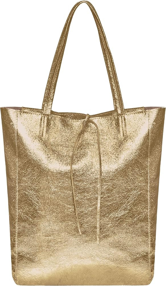 TAKEASY Women's Italian Tote Bag with Zipper from Metallic Rough Genuine Leather for Shopping, Work, | Amazon (US)