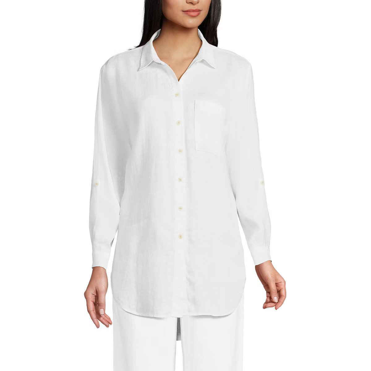 Lands' End Women's Tall Linen Roll Sleeve Oversized Relaxed Tunic Top - Medium Tall - White | Target