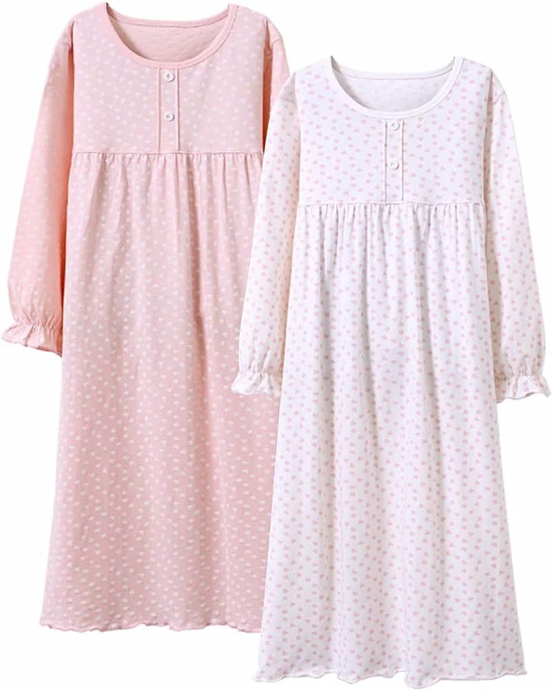 BANGSAUR Girls' Dress Set Cotton Sleepshirts, Heart Print Princess Daily Dress, 2-Pack Casual Dre... | Amazon (US)