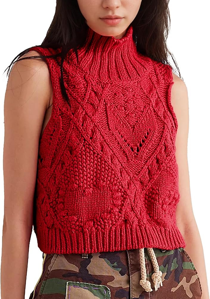Hixiaohe Crochet Sleeveless Turtleneck Tops for Women Knit Sweater Vest | Amazon (US)