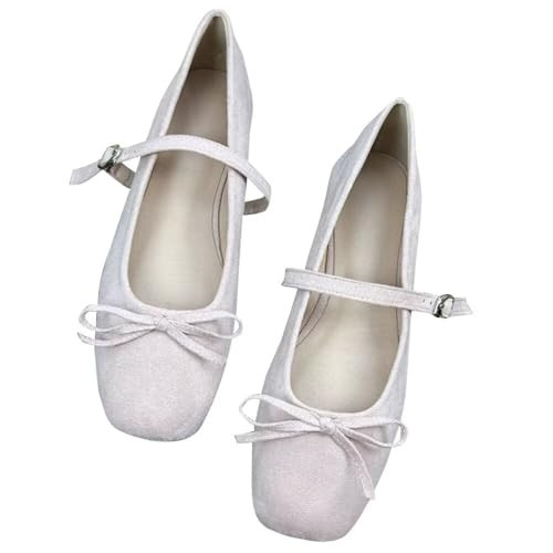 TN TANGNEST Suede Flats for Women Comfortable Square Toe Bowknot Ballet Flats Retro Ankle Buckle Mary Jane Flats Light Pink Size 39(7.5) | Amazon (US)