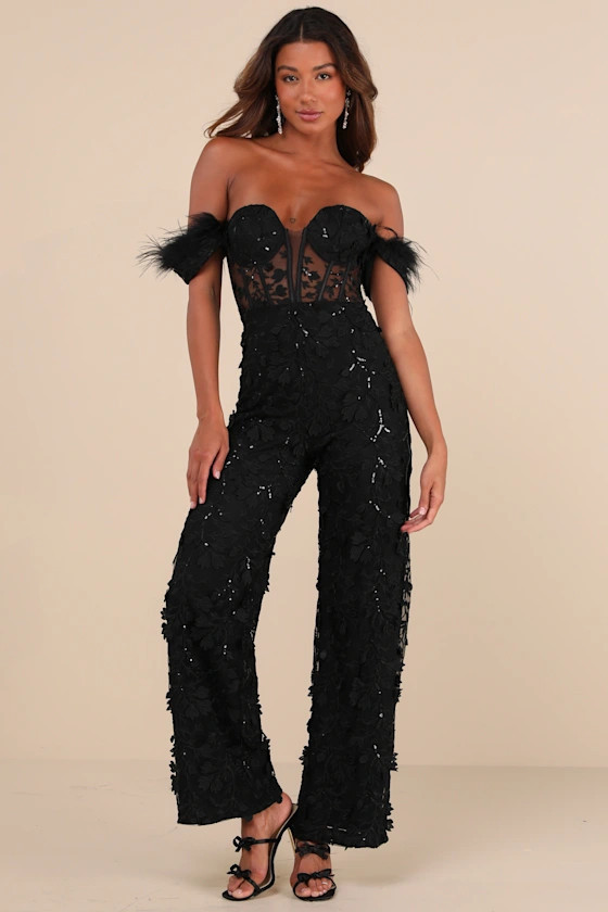 Midnight Sparkle Black Mesh Embroidered Feather Bustier Jumpsuit | Lulus