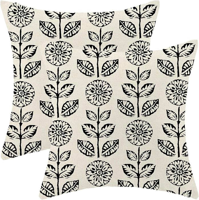 Vintage Floral Pillow Covers 18 x 18 Inch Set of 2 Retro Boho Black Flower Decor Throw Pillows Ru... | Amazon (US)
