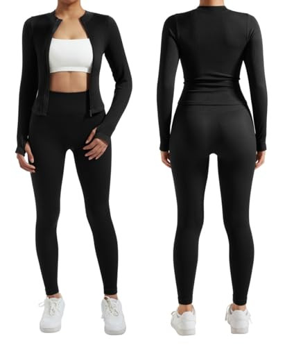 RXRXCOCO Ribbed Workout Sets for Women 2 Piece Zip Up Cropped Workout Jackets Seamless Leggings Matching Yoga Oufits Black Small | Amazon (US)