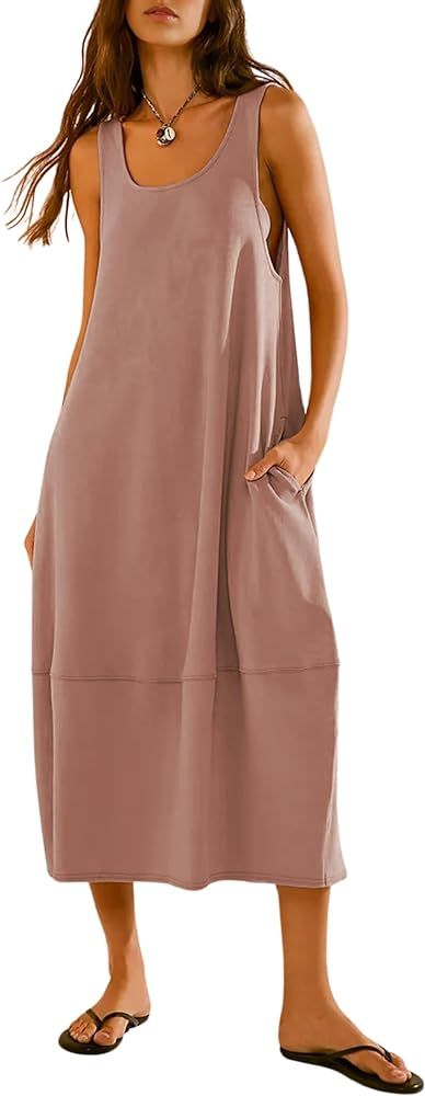 Womens Maxi Dress Long Sleeveless Dress Cotton Linen Beach Sun Dress 2 Pockets Casual Loose Flowy... | Amazon (US)