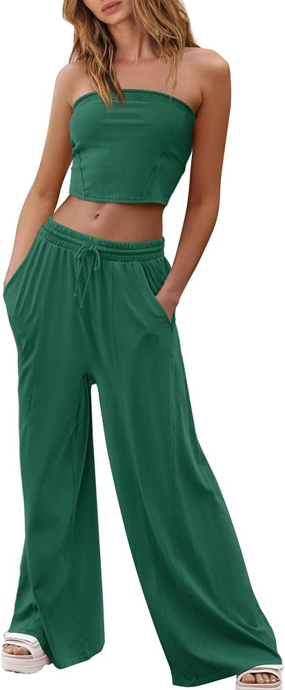 Yanekop Womens 2 Piece Lounge Set Tube Top and Pants Set Travel Sexy Two Piece Outfits Summer Bea... | Amazon (US)