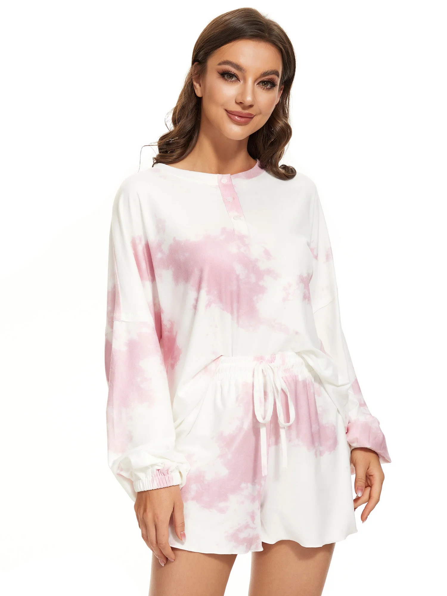 Ever-Pretty Women's Tie Dye Printed Button Down Long Sleeve 2 Piece Short Activewear Lounge Set N... | Walmart (US)