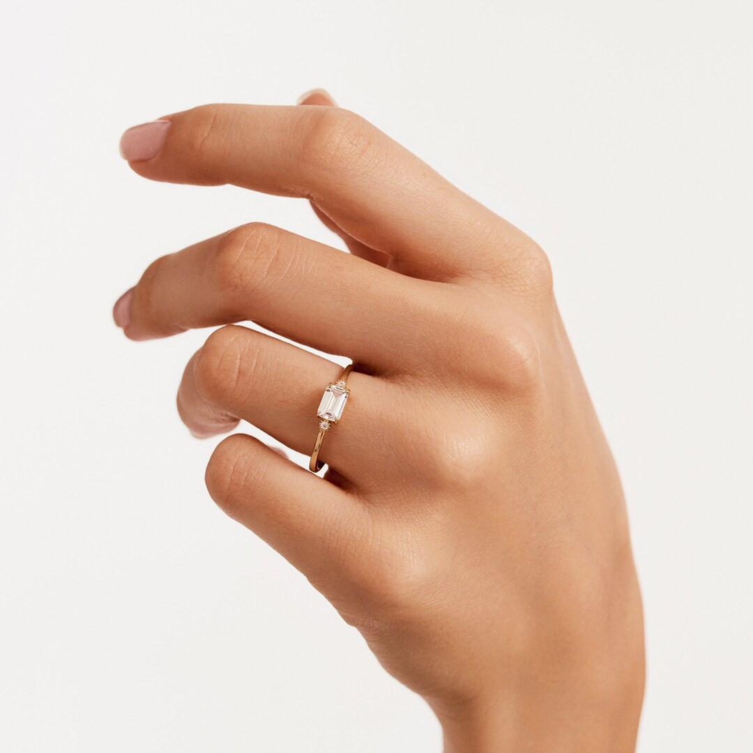 14k Solid Gold Baguette Wedding Ring, Minimalist Baguette Engagement Ring, CZ Engagement Ring, Pr... | Etsy (US)