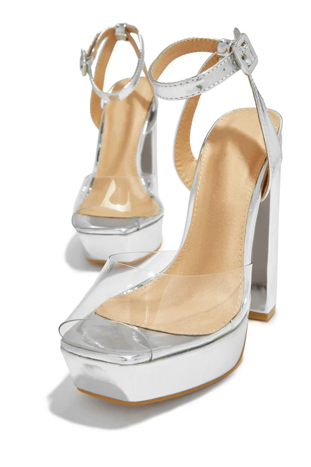 Miss Lola | Adelynn Silver Clear Strap Platform Block Heels | MISS LOLA