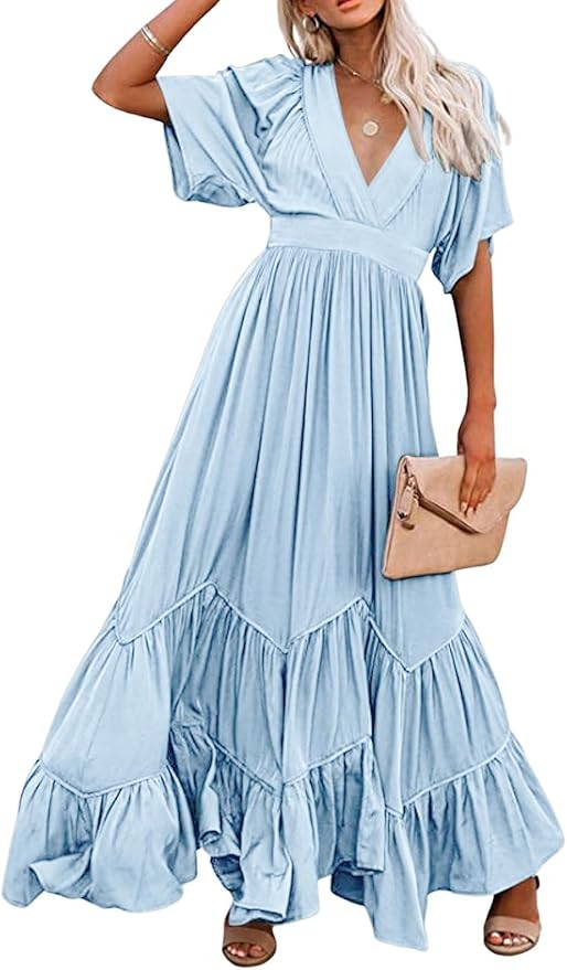 CHARTOU Women's Boho Ruffle Sleeve Flowy Maxi Dress Lace Up Back Tiered Party A Line Dress | Amazon (US)
