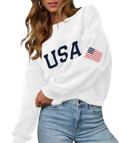 LEEDYA Womens American Flag Sweatshirts Long Sleeve 4th of july Shirts Casual Crewneck Loose Fit USA Tops White S | Amazon (US)