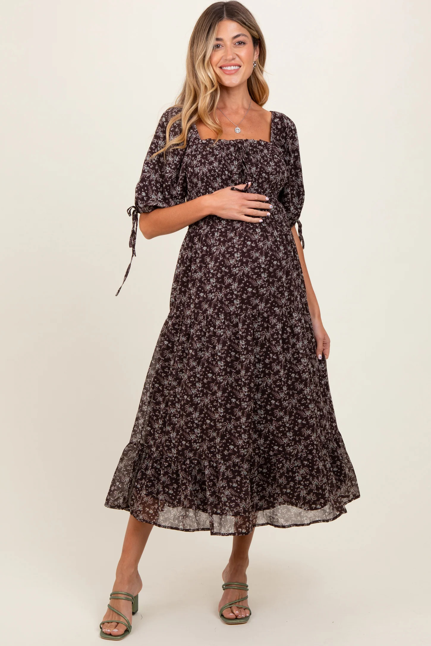 Dark Brown Floral Smocked Sleeve Tie Maternity Midi Dress | PinkBlush Maternity