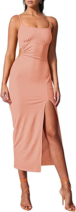 Pink Queen Women's Summer Scoop Neck Spaghetti Straps Bodycon Cutout Side Slit Ruched Midi Dress | Amazon (US)