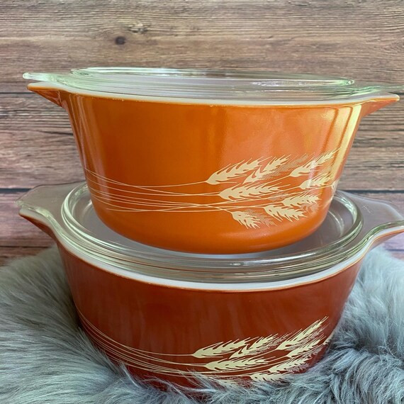 Vintage Pyrex Autumn Harvest Wheat Cinderella Casseroles with Lids 474/475 | Etsy (US)