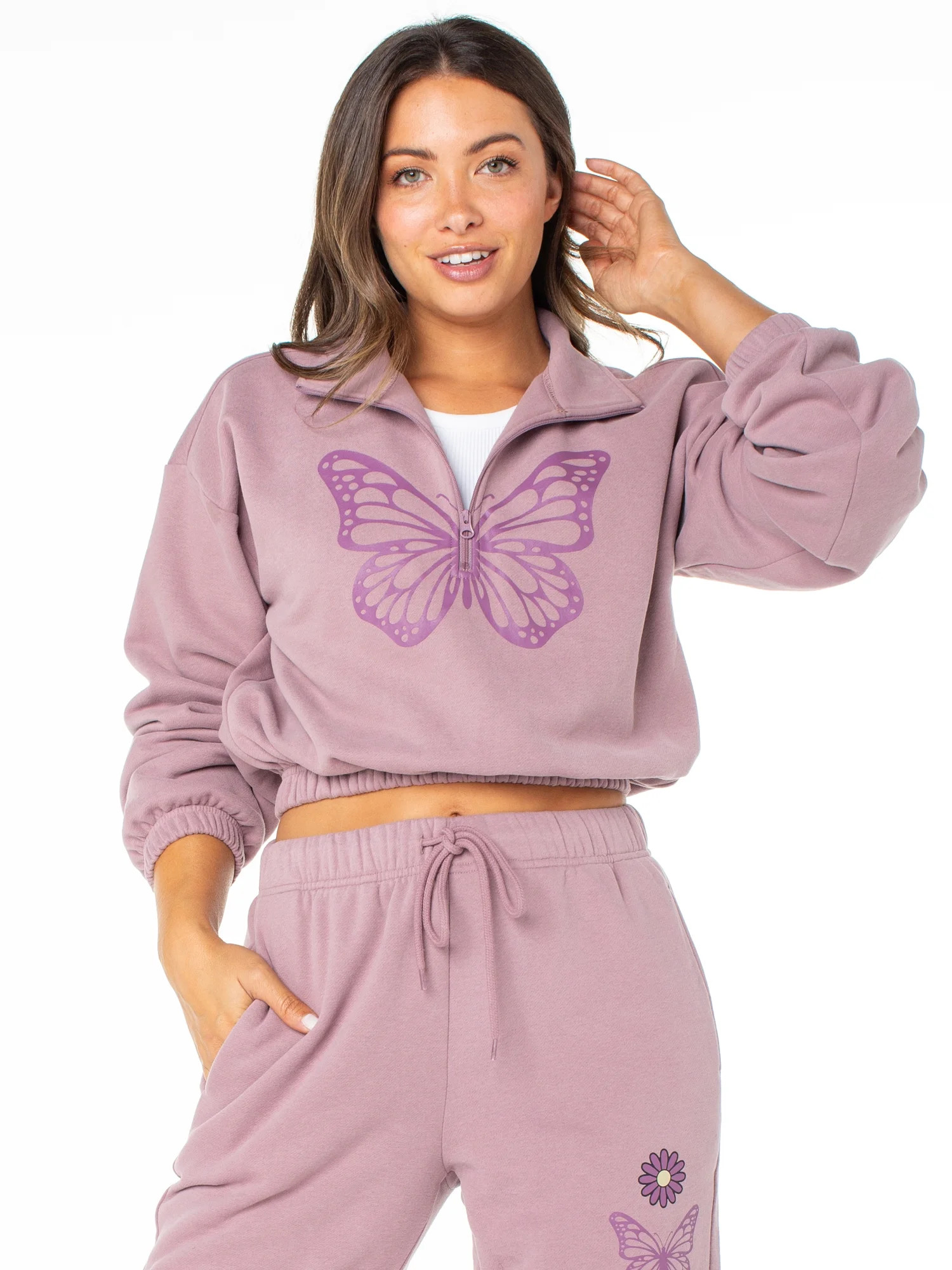 Celebrity Pink Juniors Cropped Half Zip Sweatshirt w/Butterfly Print, Sizes XS-XXXL - Walmart.com | Walmart (US)