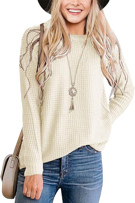 MEROKEETY Women's Long Sleeve Waffle Knit Sweater Crew Neck Solid Color Pullover Jumper Tops | Amazon (US)