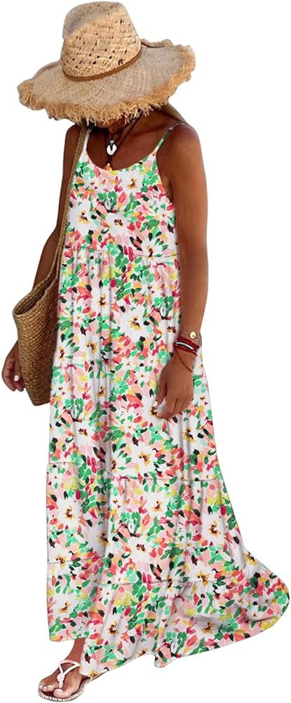 PRETTYGARDEN Women Summer Dresses 2024 Spaghetti Strap Scoop Neck Floral Maxi Dress Flowy Boho Lo... | Amazon (US)