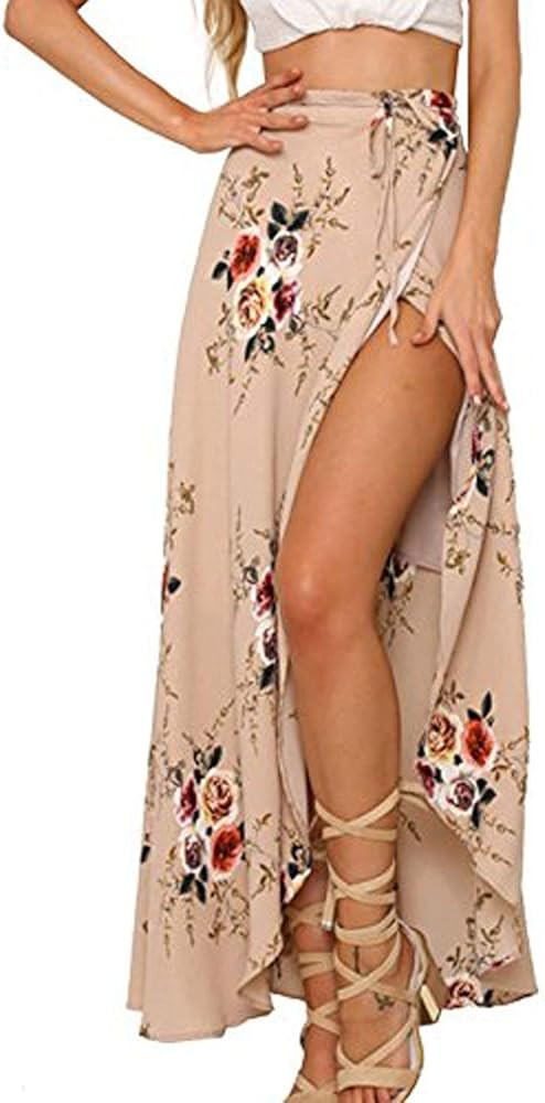 Womens Boho Floral Tie Up Waist Summer Beach Wrap Cover Up Maxi Skirt | Amazon (US)