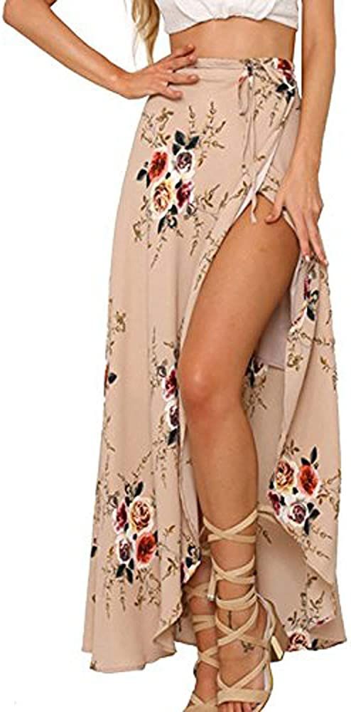 Womens Boho Floral Tie Up Waist Summer Beach Wrap Cover Up Maxi Skirt | Amazon (US)