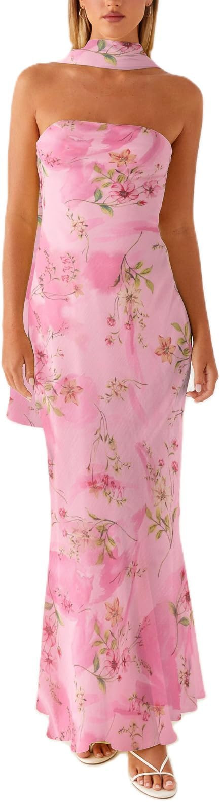 Womens Floral Strapless Dress Y2k Backless with Scarf Tube Maxi Long Dresses Sexy Mesh Bodycon Be... | Amazon (US)