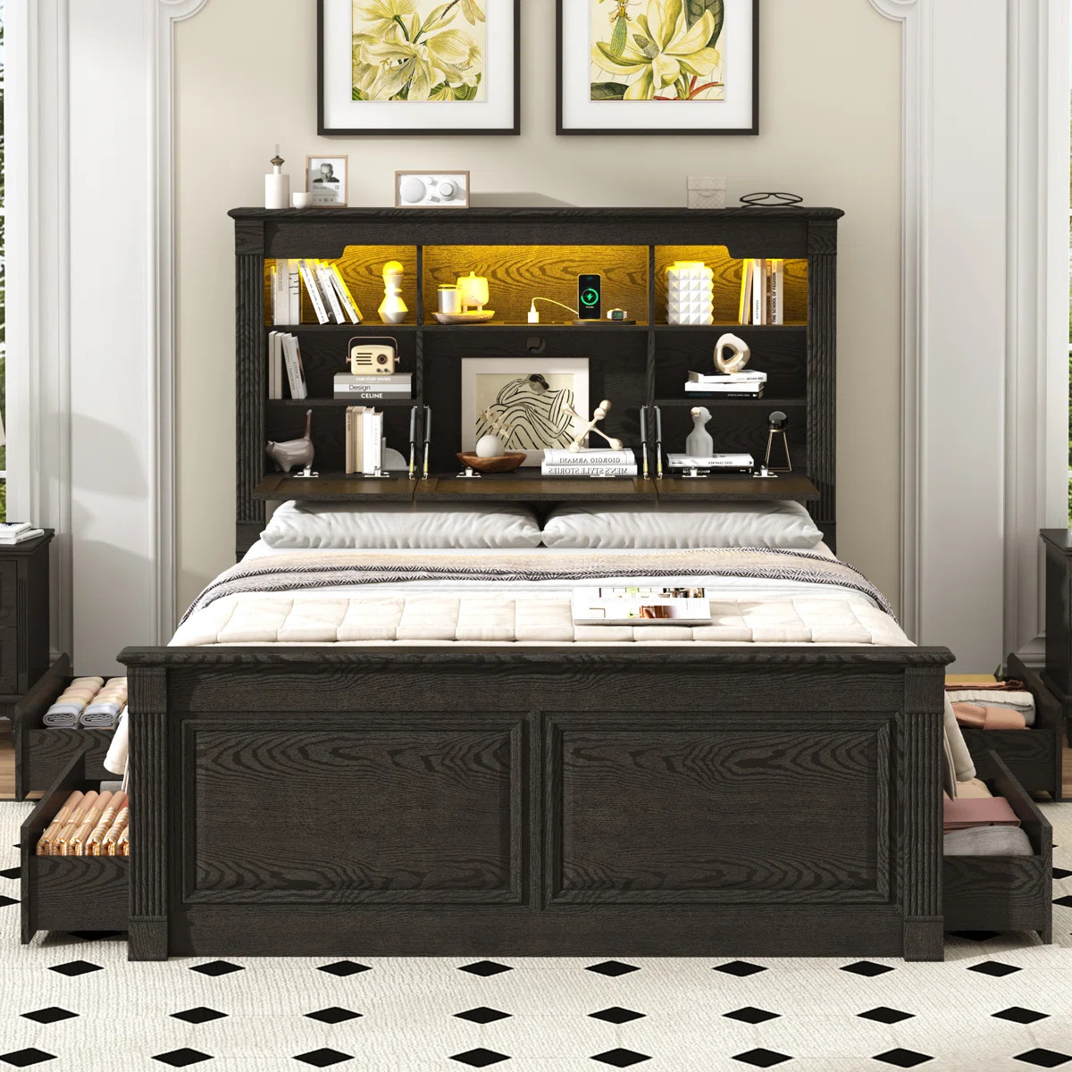 Farmhouse Bed Frame With Bookcase Storage Headboard, Charging Station And LED Lights | Wayfair North America