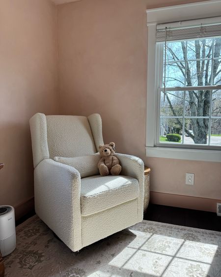 Our nursery glider/recliner 💕💕 We love this chair so much! It’s so perfect for the space and reclines back nicely. Ivory boucle is the fabric we went with and it goes perfectly in here 🩷

Nursery glider, DaVinci Carter’s chair, recliner, nursery rocking chair, jellycat bear, babygirl nursery 

#LTKbaby #LTKhome #LTKfamily