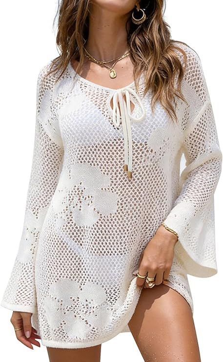 Womens Swimsuits Crochet Swim Cover Ups 2026 Summer Long Sleeve Bathing Suit Swimwear Beach Dress... | Amazon (US)