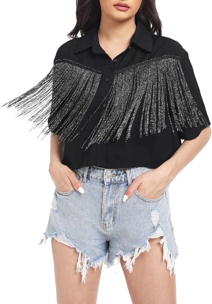 Verdusa Women's Fringe Trim Short Sleeve Button Up Blouse Shirt Crop Top | Amazon (US)