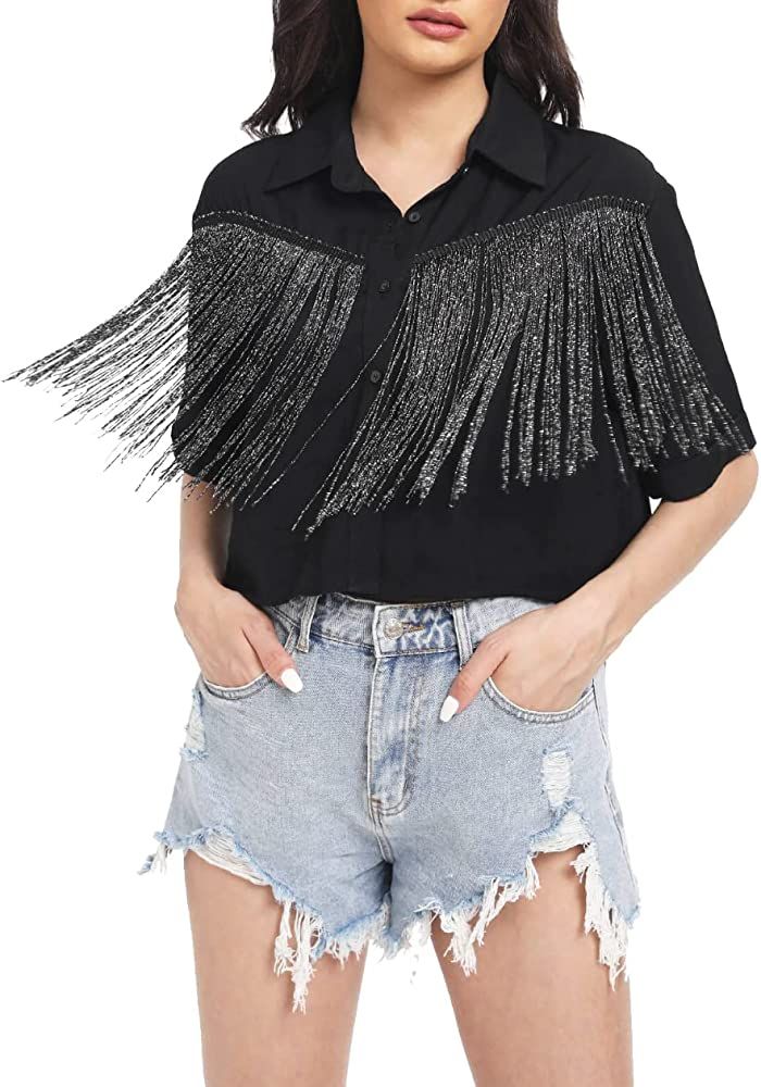 Verdusa Women's Fringe Trim Short Sleeve Button Up Blouse Shirt Crop Top | Amazon (US)