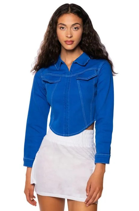 SKY IS THE LIMIT LONG SLEEVE DENIM TOP in blue | AKIRA