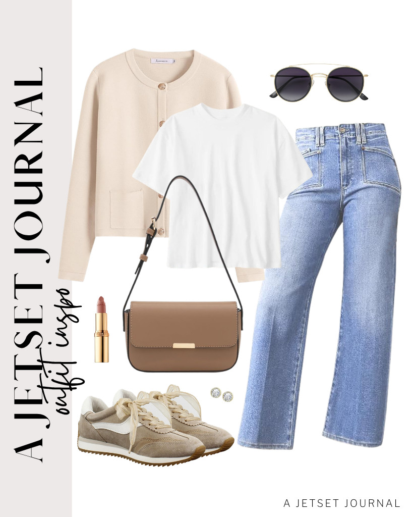 Our first outfit pairs a Serord crewneck top and Astylish wide-leg jeans with an ANRABESS button-down cropped cardigan. Wear Dolce Vita sneakers and a mini classic rectangular flap purse for this look. Finish the look with L’Oreal Paris Colour Riche Lipstick and stud earrings. 

 #LTKSeasonal #LTKSaleAlert #LTKTravel